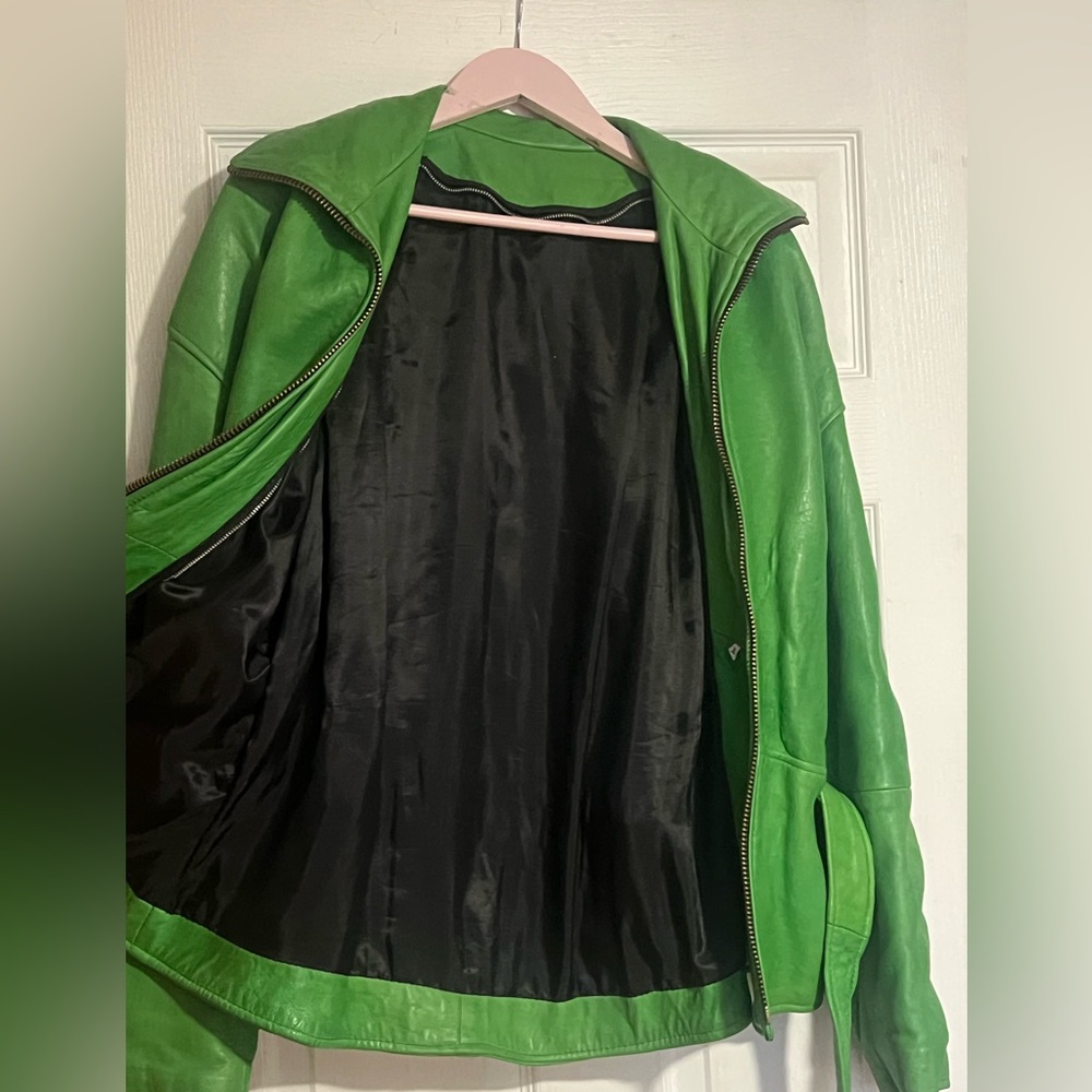 Vibrant Green Moto Leather Jacket with Belted Waist - Picture 3 of 3
